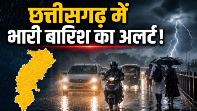 छत्तीसगढ़ में सक्रिय मानसून के बीच रायपुर में हो रही तेज बारिश का दृश्य।