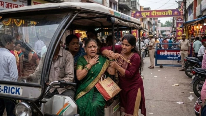 Gold chain snatched from woman officer's neck amidst jostling while she was seated in an e-rickshaw.