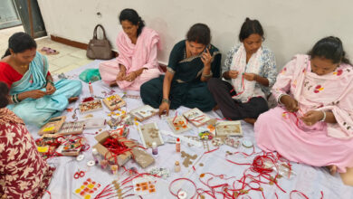 Rakhis adorned with paddy, rice, and resin—'Didis' showcase their craftsmanship.