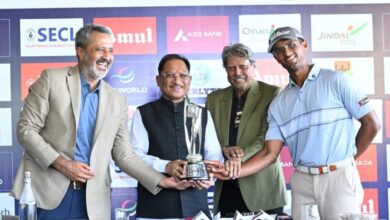 CM Sai takes a golf shot himself, boosts players' morale; Nava Raipur Open trophy unveiled.