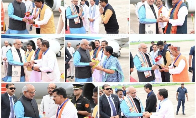 Vice President C.P. Radhakrishnan welcomed in Raipur; officials ranging from the Governor to the DGP were present.