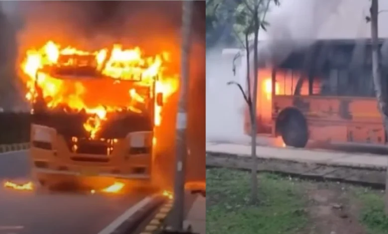 Moving government bus turns into a fireball in Naya Raipur; over 30 employees save their lives by jumping out.